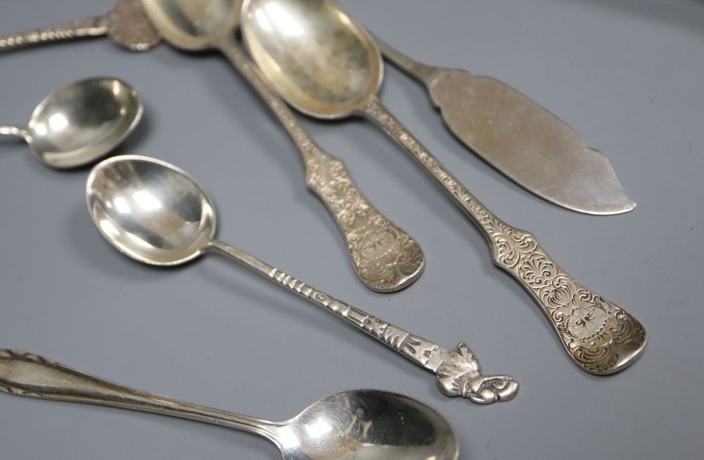 A group of assorted mainly 19th century silver flatware, including a set of six teaspoons by George Adams, London, 1877, 160z.
